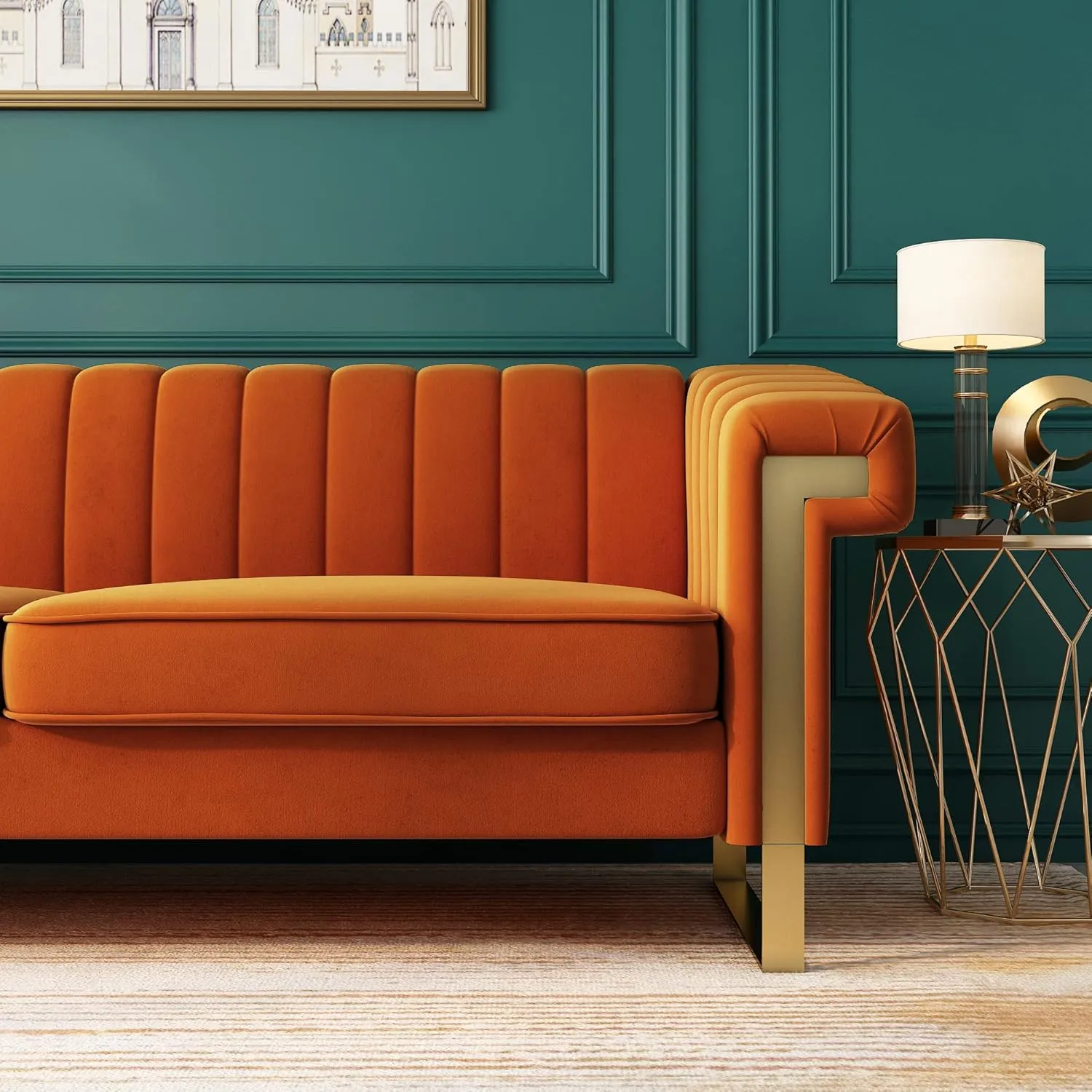 83'' Orange Velvet Couch Sofa Mid-Century Modern Love Seat Chesterfield 3 Seat Couches Sofa for Living Room Apartment (Orange)