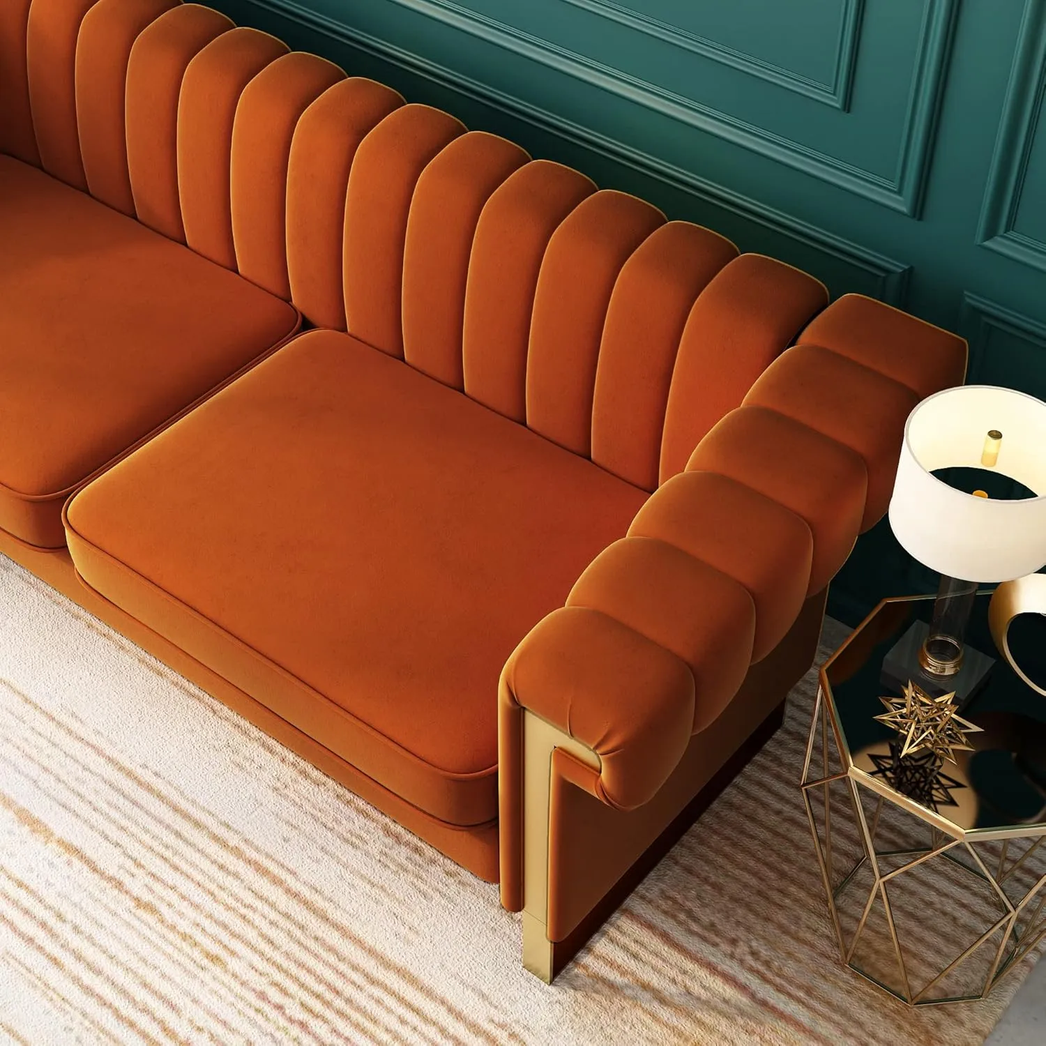 83'' Orange Velvet Couch Sofa Mid-Century Modern Love Seat Chesterfield 3 Seat Couches Sofa for Living Room Apartment (Orange)