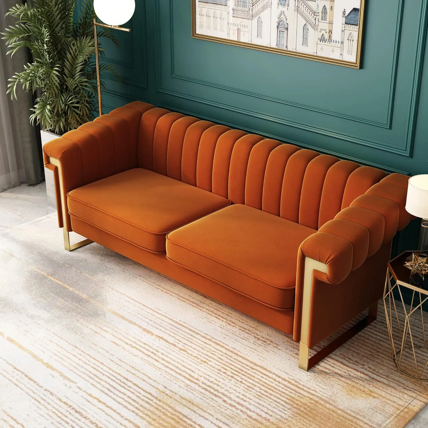 83'' Orange Velvet Couch Sofa Mid-Century Modern Love Seat Chesterfield 3 Seat Couches Sofa for Living Room Apartment (Orange)
