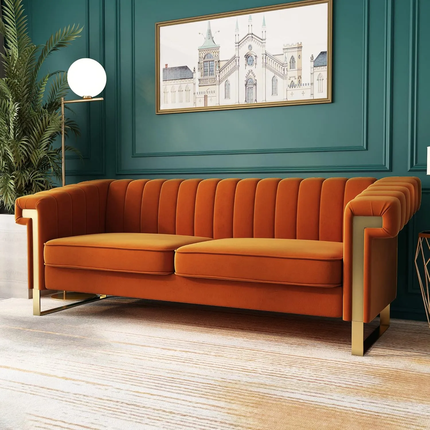 83'' Orange Velvet Couch Sofa Mid-Century Modern Love Seat Chesterfield 3 Seat Couches Sofa for Living Room Apartment (Orange)