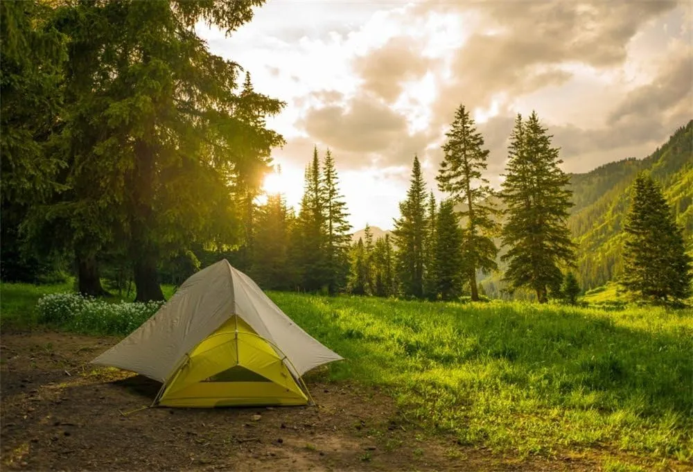 9x6ft Pine Forest Camping Background for Photography Sunrise Outdoor Travel Scout Mountains Landscape Grassland Camp Tents Backdrop Holiday Vacation Photo Shoot Props