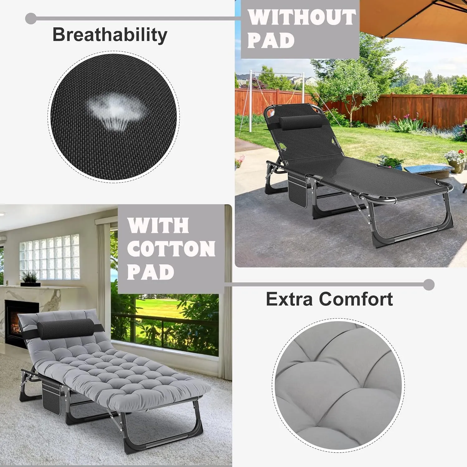 ABORON 5 Positions Camping Cots for Adults,Outdoor Folding Sleeping Cot/Mat,Folding Chaise Lounge Chair with Pillow,Portable Reclining Chair for Beach Lawn Camping Pool,Sunbathing Chairs