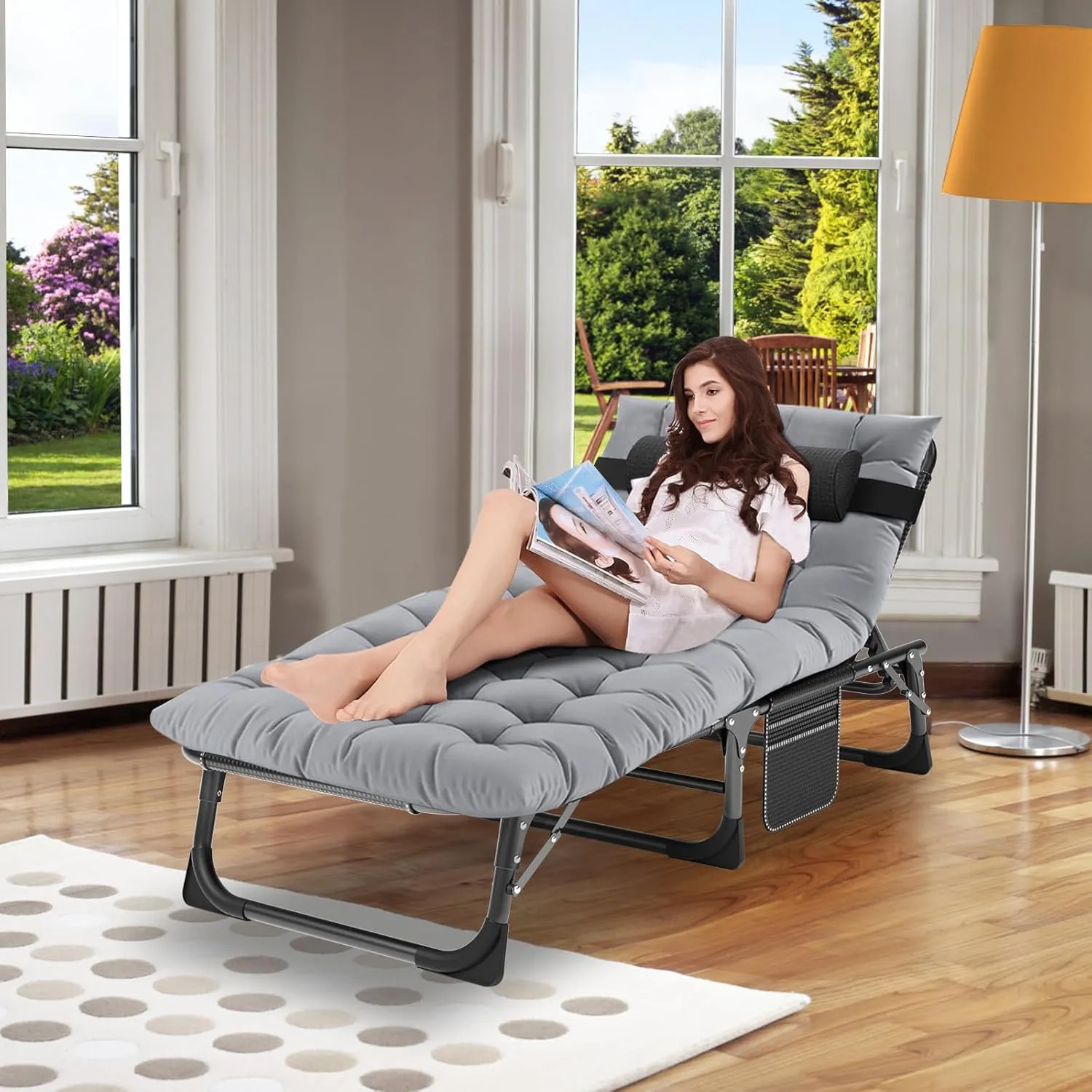 ABORON 5 Positions Camping Cots for Adults,Outdoor Folding Sleeping Cot/Mat,Folding Chaise Lounge Chair with Pillow,Portable Reclining Chair for Beach Lawn Camping Pool,Sunbathing Chairs