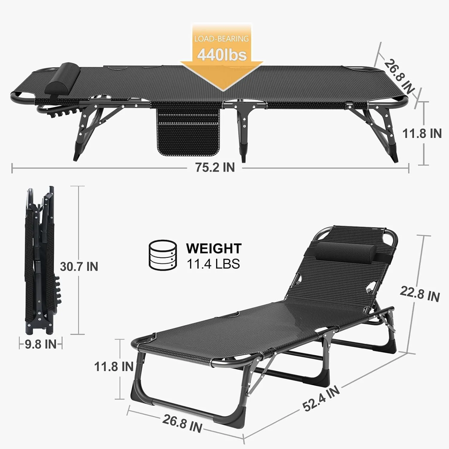 ABORON 5 Positions Camping Cots for Adults,Outdoor Folding Sleeping Cot/Mat,Folding Chaise Lounge Chair with Pillow,Portable Reclining Chair for Beach Lawn Camping Pool,Sunbathing Chairs