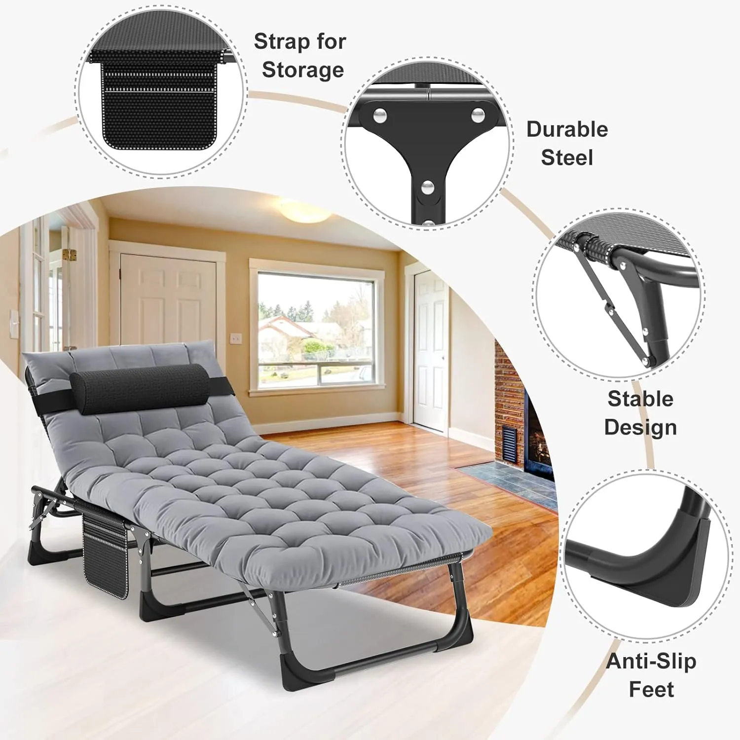 ABORON 5 Positions Camping Cots for Adults,Outdoor Folding Sleeping Cot/Mat,Folding Chaise Lounge Chair with Pillow,Portable Reclining Chair for Beach Lawn Camping Pool,Sunbathing Chairs