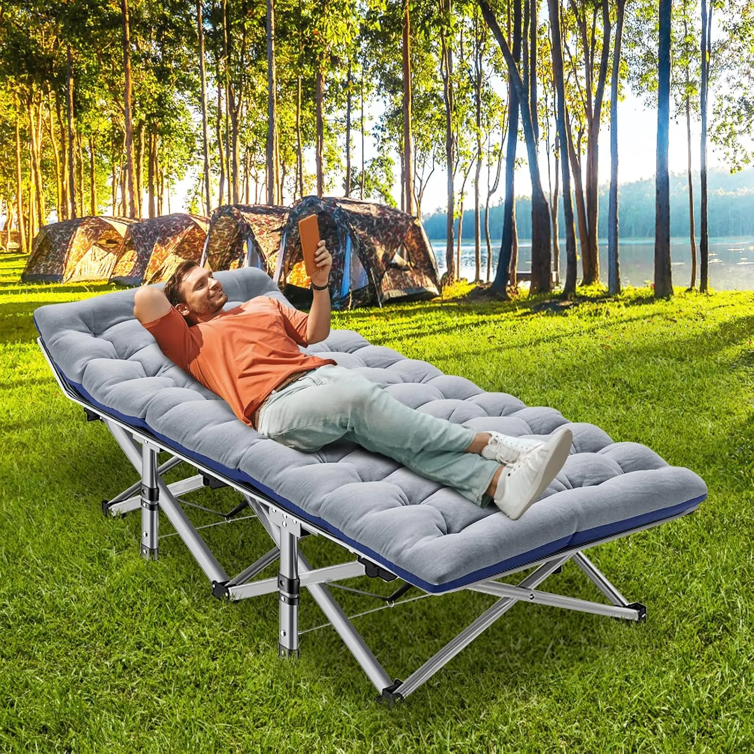ABORON Folding Camping Cot W/Mat for Adults, Heavy Duty Outdoor Bed with Carry Bag,1200 D Layer Oxford Travel Camp Cots