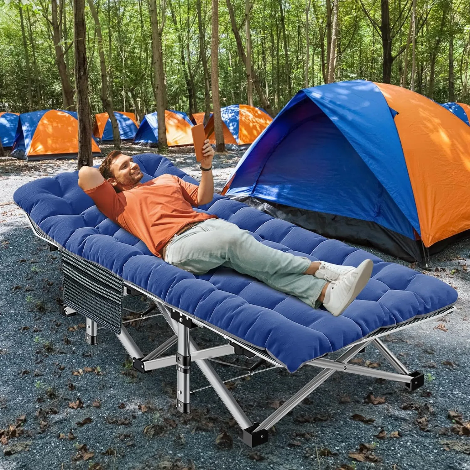 ABORON Folding Camping Cot W/Mat for Adults, Heavy Duty Outdoor Bed with Carry Bag,1200 D Layer Oxford Travel Camp Cots