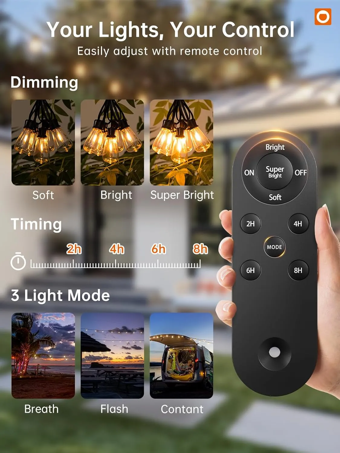addlon 35FT Solar String Lights Outdoor, Waterproof Solar Powered with Remote & USB Port, 10 1 LED Shatterproof Bulbs, Dimmable Solar Light Outdoor for Camping Backyard Bistro Porch