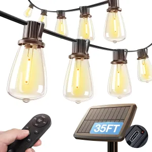 addlon 35FT Solar String Lights Outdoor, Waterproof Solar Powered with Remote & USB Port, 10 1 LED Shatterproof Bulbs, Dimmable Solar Light Outdoor for Camping Backyard Bistro Porch