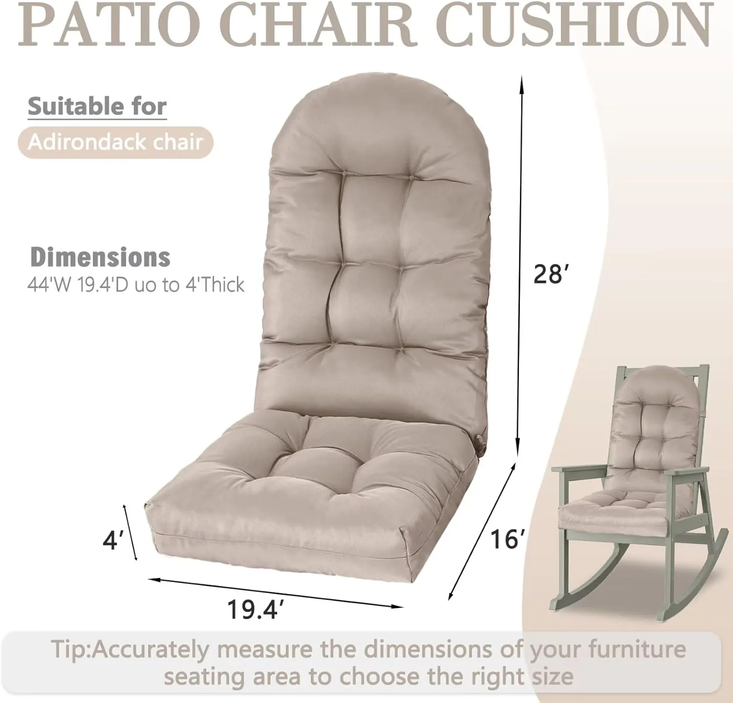 Adirondack Chair Cushion, Rocking Cushions 44x19.4x4 inch, High Back Patio Recliner Cushion of Upper and Lower with Ties, Sunscreen and Fade-Resistant Khaki,1