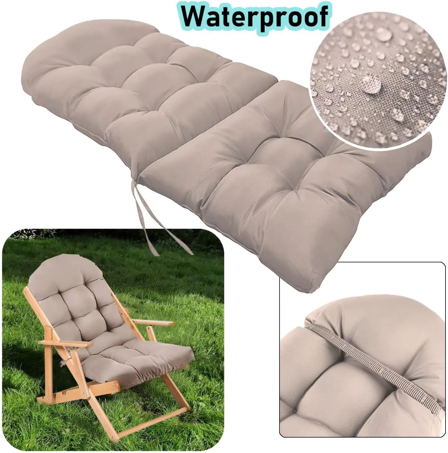 Adirondack Chair Cushion, Rocking Cushions 44x19.4x4 inch, High Back Patio Recliner Cushion of Upper and Lower with Ties, Sunscreen and Fade-Resistant Khaki,1