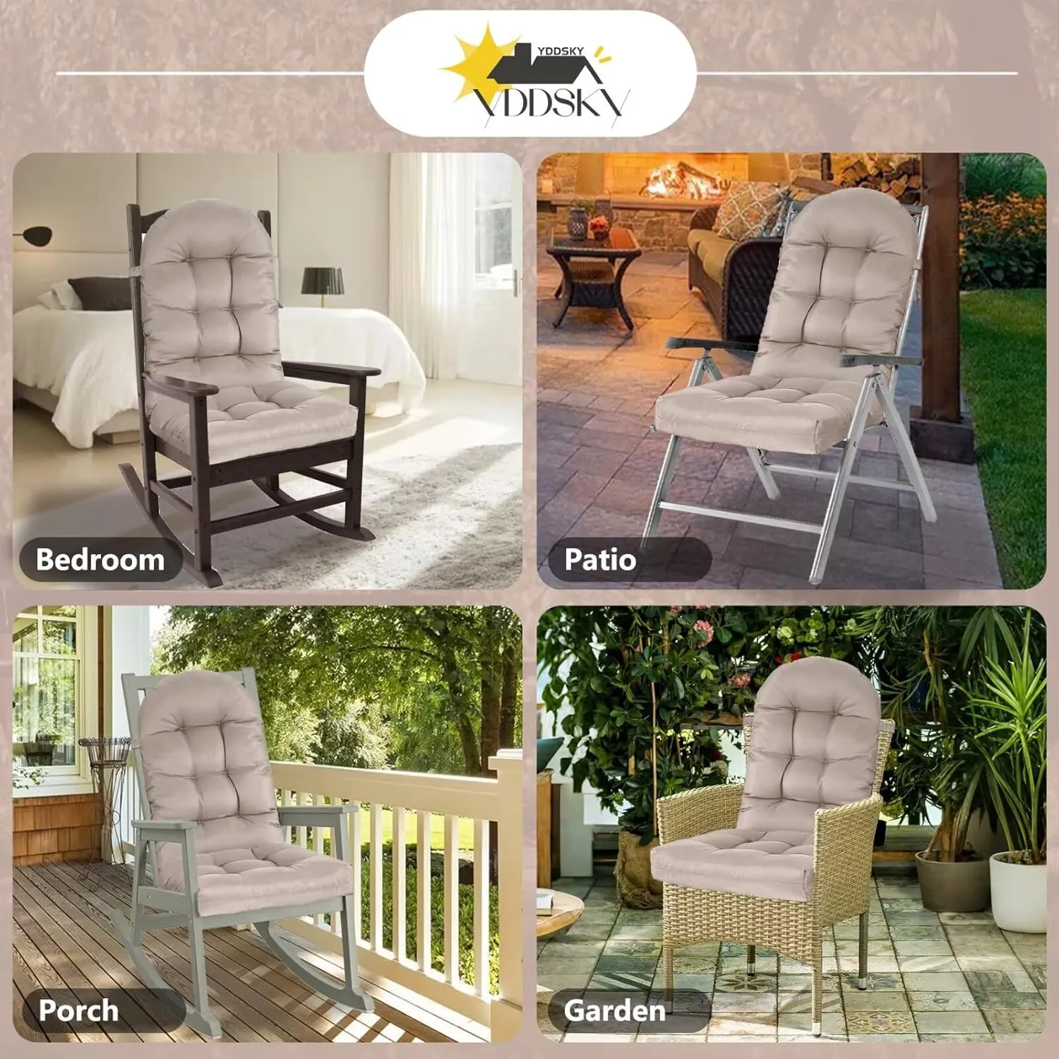 Adirondack Chair Cushion, Rocking Cushions 44x19.4x4 inch, High Back Patio Recliner Cushion of Upper and Lower with Ties, Sunscreen and Fade-Resistant Khaki,1