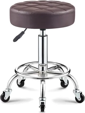 Adjustable Height Stool with 5 Wheels/13 Inch Thick Sponge, Chrome Steel PU Leather Bar Stool Work Shop Stool,Hydraulic Rolling Swivel Salon Stool,Massage Spa Tattoo Pink,Gold (Coffee)