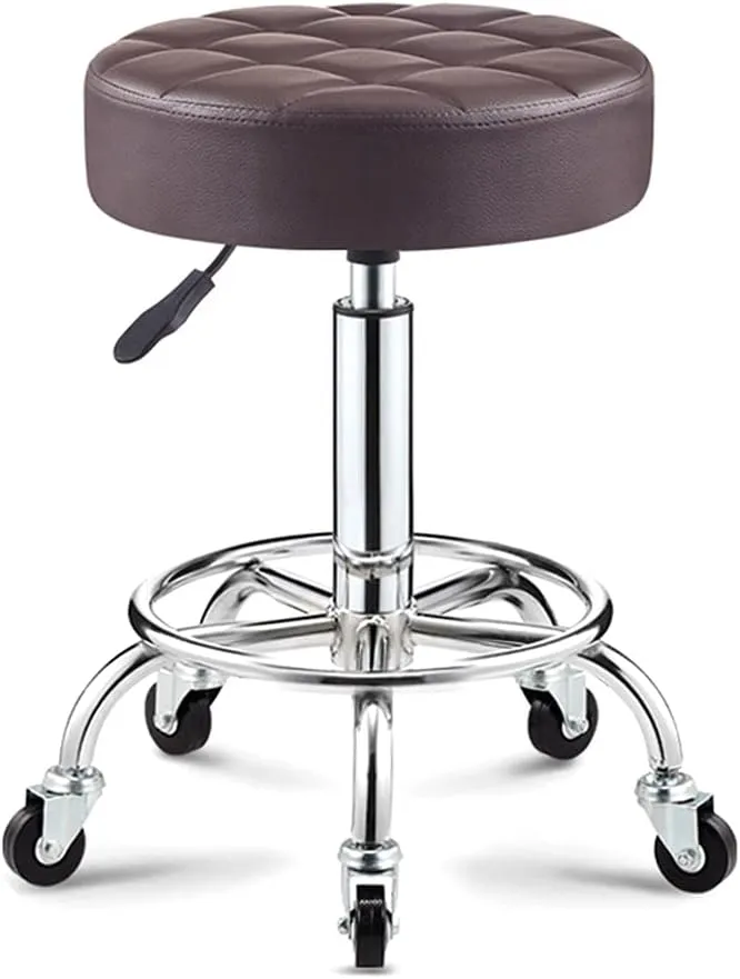 Adjustable Height Stool with 5 Wheels/13 Inch Thick Sponge, Chrome Steel PU Leather Bar Stool Work Shop Stool,Hydraulic Rolling Swivel Salon Stool,Massage Spa Tattoo Pink,Gold (Coffee)