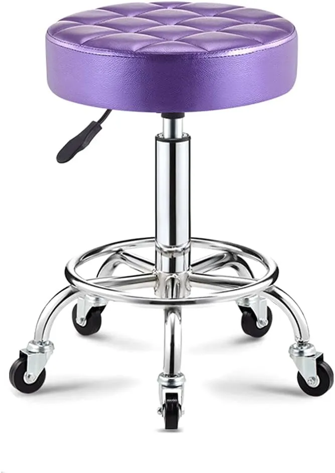 Adjustable Height Stool with 5 Wheels/13 Inch Thick Sponge, Chrome Steel PU Leather Bar Stool Work Shop Stool,Hydraulic Rolling Swivel Salon Stool,Massage Spa Tattoo Pink,Gold (Purple)