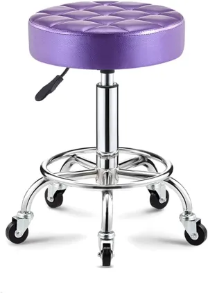 Adjustable Height Stool with 5 Wheels/13 Inch Thick Sponge, Chrome Steel PU Leather Bar Stool Work Shop Stool,Hydraulic Rolling Swivel Salon Stool,Massage Spa Tattoo Pink,Gold (Purple)