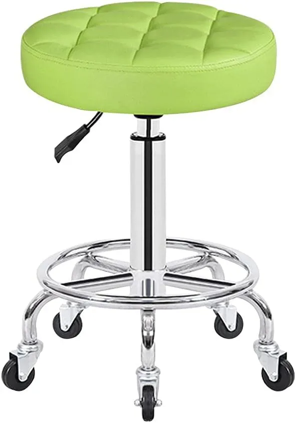 Adjustable Height Stool with 5 Wheels/Thick Sponge,Modern Chrome Steel PU Leather Bar Stool Work Shop Stool,Hydraulic Rolling Swivel Salon Stool,Massage Spa Tattoo C red,Green (Green)