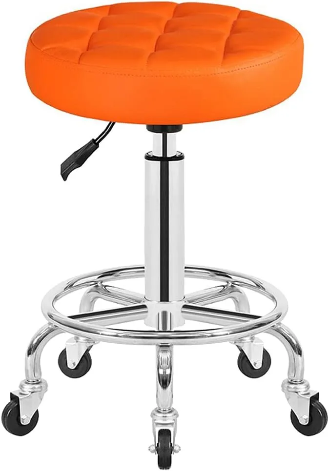 Adjustable Height Stool with 5 Wheels/Thick Sponge,Modern Chrome Steel PU Leather Bar Stool Work Shop Stool,Hydraulic Rolling Swivel Salon Stool,Massage Spa Tattoo C red,Green (Orange)