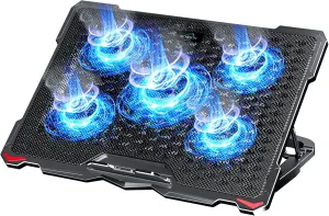 AICHESON Laptop Cooling Pad 5 Fans Up to 17.3 Inch Heavy Notebook Cooler, Blue LED Lights, 2 USB Ports, S035, Blue-5fans