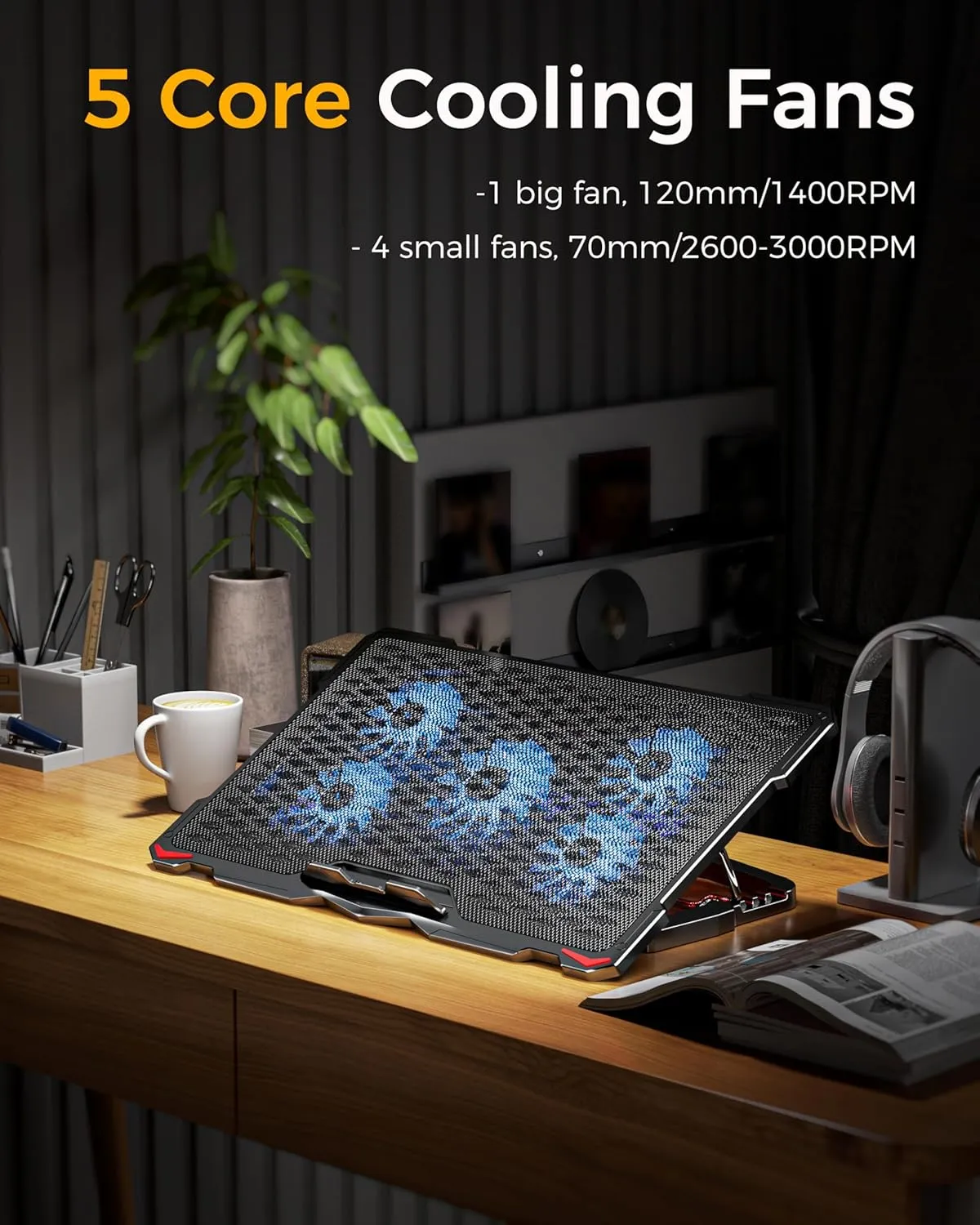 AICHESON Laptop Cooling Pad 5 Fans Up to 17.3 Inch Heavy Notebook Cooler, Blue LED Lights, 2 USB Ports, S035, Blue-5fans