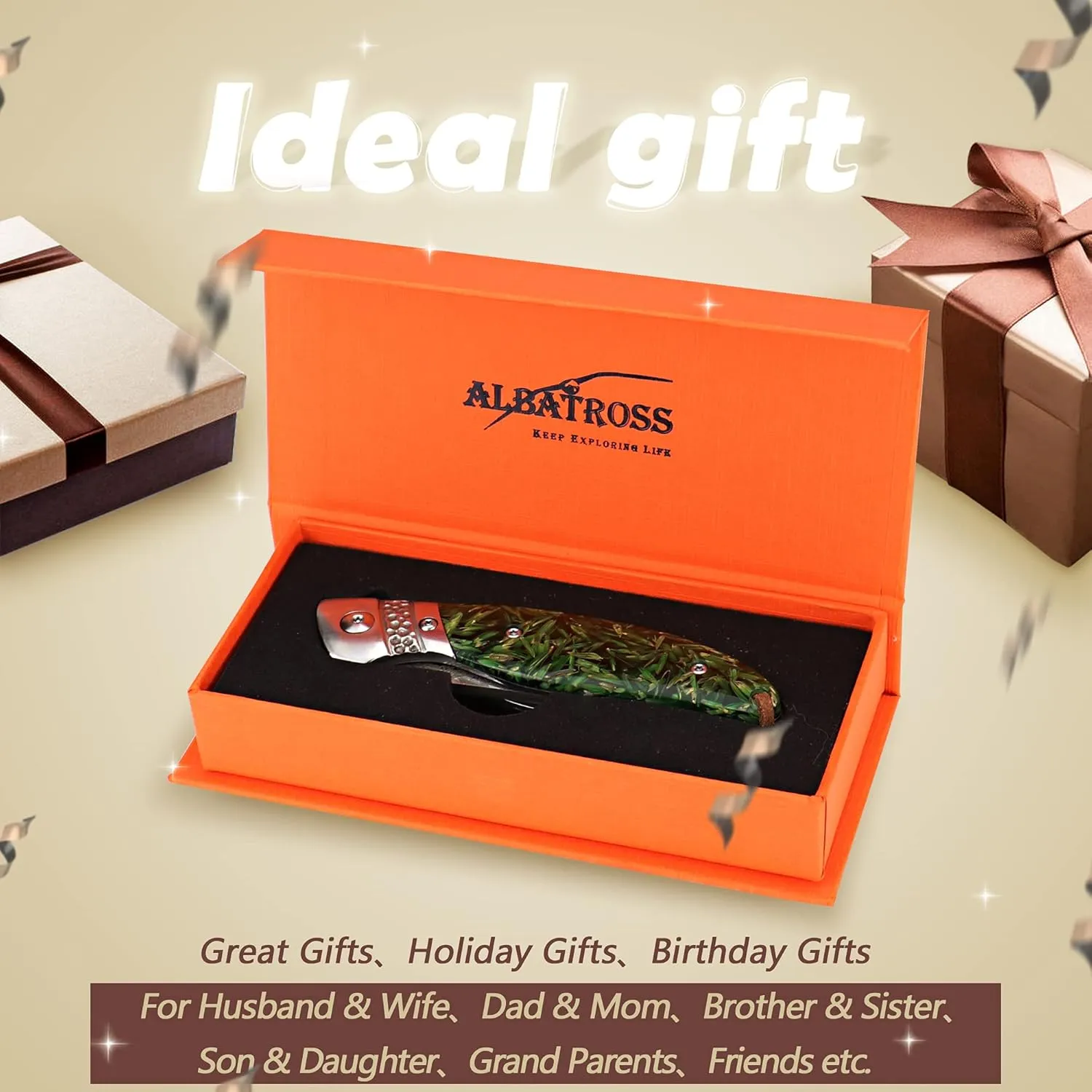 ALBATROSS Damascus Folding Pocket Knife - Premium EDC with VG10 Steel Blade, Green Synthetic Handle, Ball Bearing Assisted Opening, Liner Lock for Outdoor, Hunting, Camping - Great Gift for Men - HGDK028-DG
