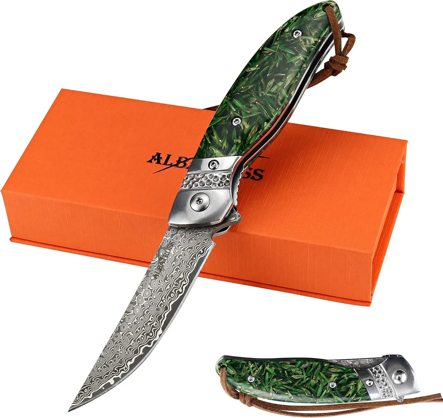 ALBATROSS Damascus Folding Pocket Knife - Premium EDC with VG10 Steel Blade, Green Synthetic Handle, Ball Bearing Assisted Opening, Liner Lock for Outdoor, Hunting, Camping - Great Gift for Men - HGDK028-DG