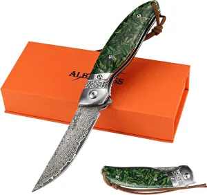 ALBATROSS Damascus Folding Pocket Knife - Premium EDC with VG10 Steel Blade, Green Synthetic Handle, Ball Bearing Assisted Opening, Liner Lock for Outdoor, Hunting, Camping - Great Gift for Men - HGDK028-DG