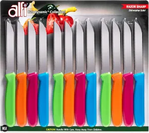 Alfi All-Purpose Knives Aerospace Precision Pointed Tip - Home And Kitchen Supplies - Serrated Steak Knives Set | Made in USA (Multi-Color, 12 pack)