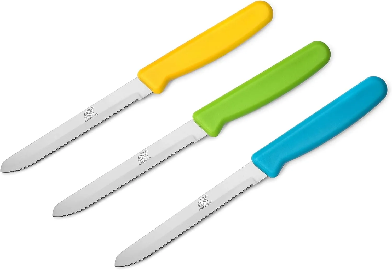 Alfi All-Purpose Knives Aerospace Precision Rounded Tip - Home And Kitchen Supplies - Serrated Steak Knives Set | Made in USA (3 Pack, Multicolor)
