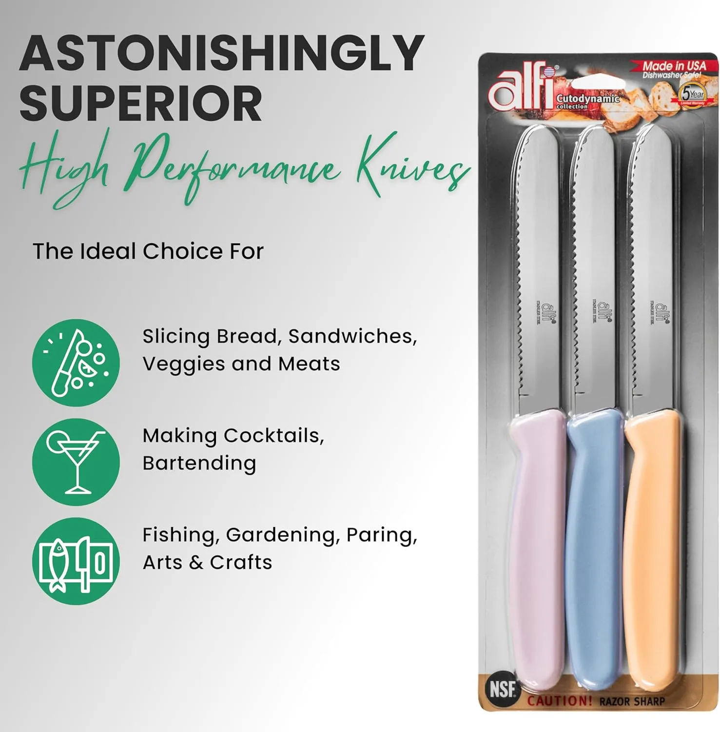 Alfi All-Purpose Knives Aerospace Precision Rounded Tip - Home And Kitchen Supplies - Serrated Steak Knives Set | Made in USA (3 Pack, Multicolor)