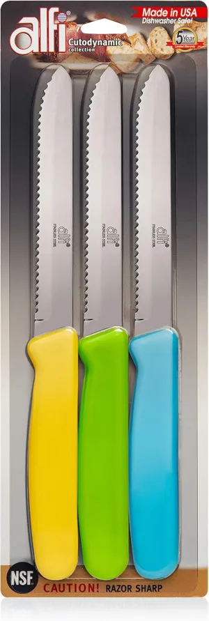 Alfi All-Purpose Knives Aerospace Precision Rounded Tip - Home And Kitchen Supplies - Serrated Steak Knives Set | Made in USA (3 Pack, Multicolor)