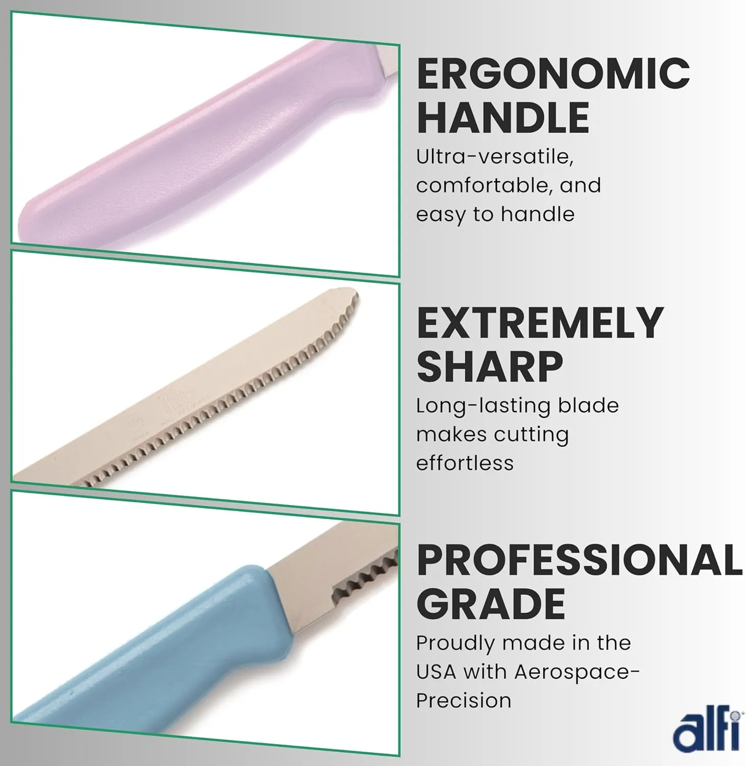 Alfi All-Purpose Knives Aerospace Precision Rounded Tip - Home And Kitchen Supplies - Serrated Steak Knives Set | Made in USA (3 Pack, Multicolor)