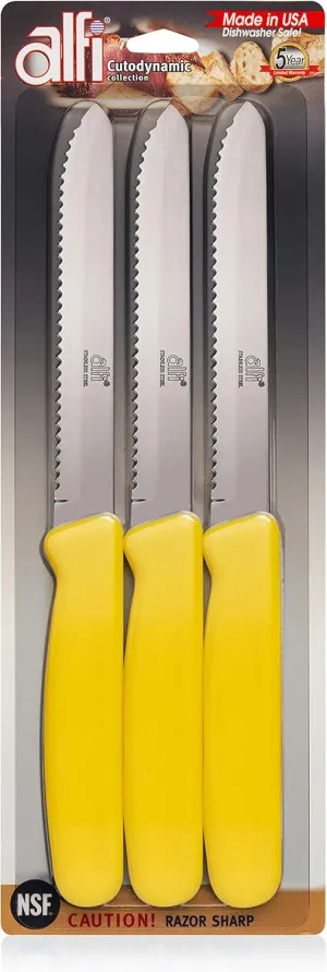 Alfi All-Purpose Knives Aerospace Precision Rounded Tip - Home And Kitchen Supplies - Serrated Steak Knives Set | Made in USA (3 Pack, Sunny Yellow)