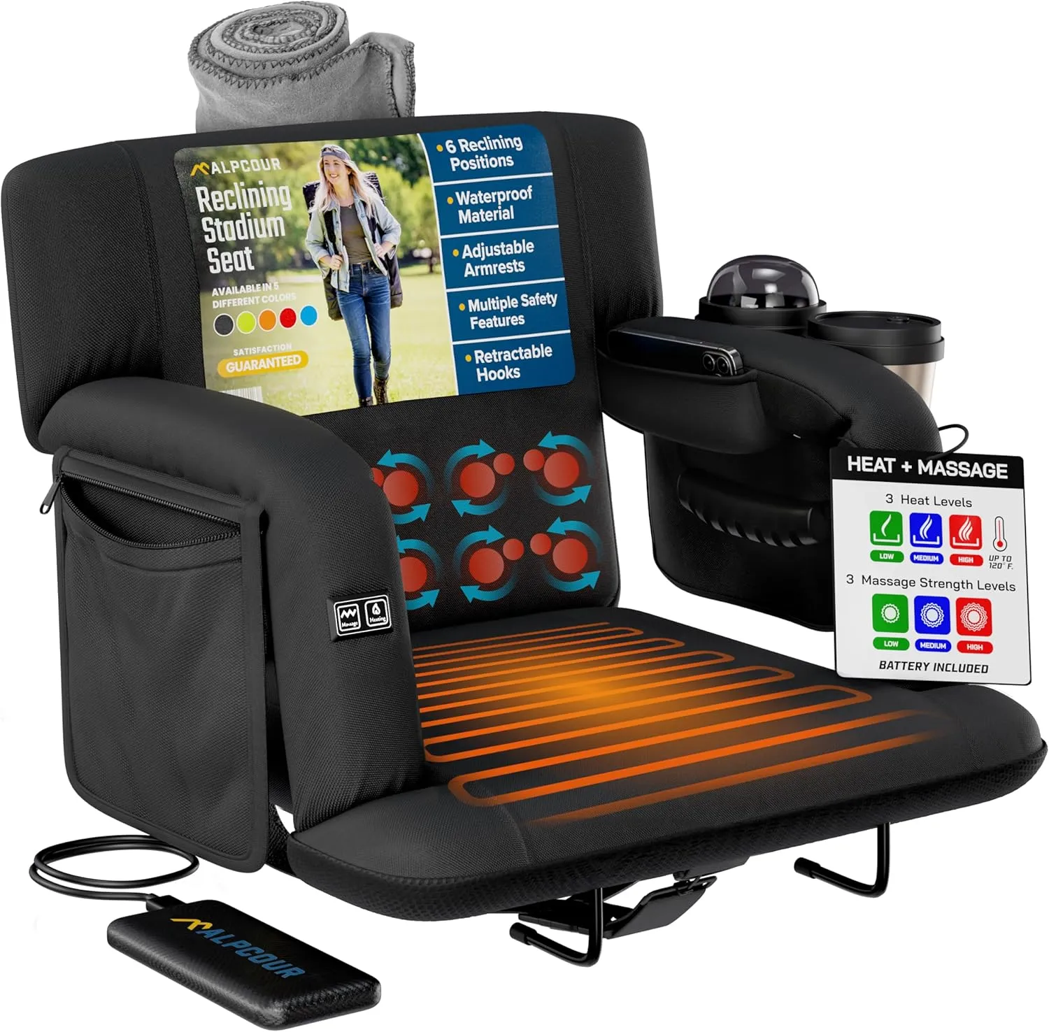 Alpcour Heated Massage Reclining Stadium Seat for Bleachers – Wide Bleacher Chair with Back Support and Cushion, Armrests, Large Pockets, and Multiple Safety Features – Best Stadium Seats Chairs
