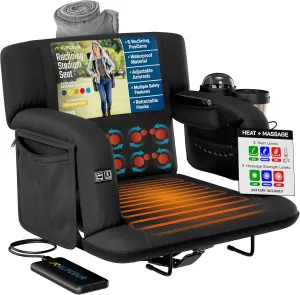 Alpcour Heated Massage Reclining Stadium Seat for Bleachers – Wide Bleacher Chair with Back Support and Cushion, Armrests, Large Pockets, and Multiple Safety Features – Best Stadium Seats Chairs