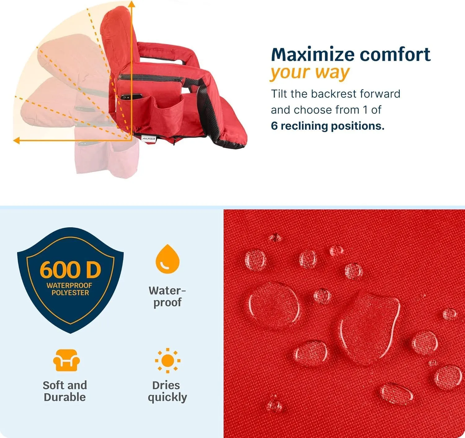 Alpcour Heated Reclining Stadium Seat for Bleachers – Wide Bleacher Chair with Back Support and Cushion, Armrests, Side Pockets, & Hook – Stadium Seats Chairs for Camping, Kayak, Paddle Board & More