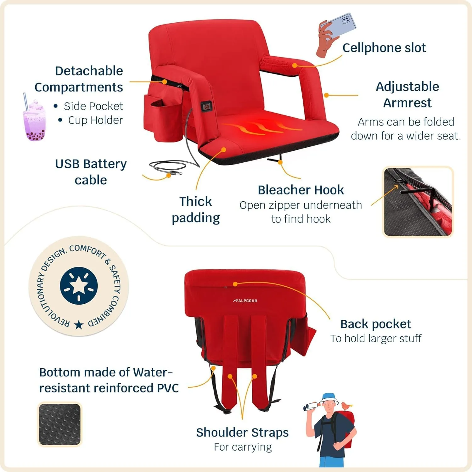 Alpcour Heated Reclining Stadium Seat for Bleachers – Wide Bleacher Chair with Back Support and Cushion, Armrests, Side Pockets, & Hook – Stadium Seats Chairs for Camping, Kayak, Paddle Board & More