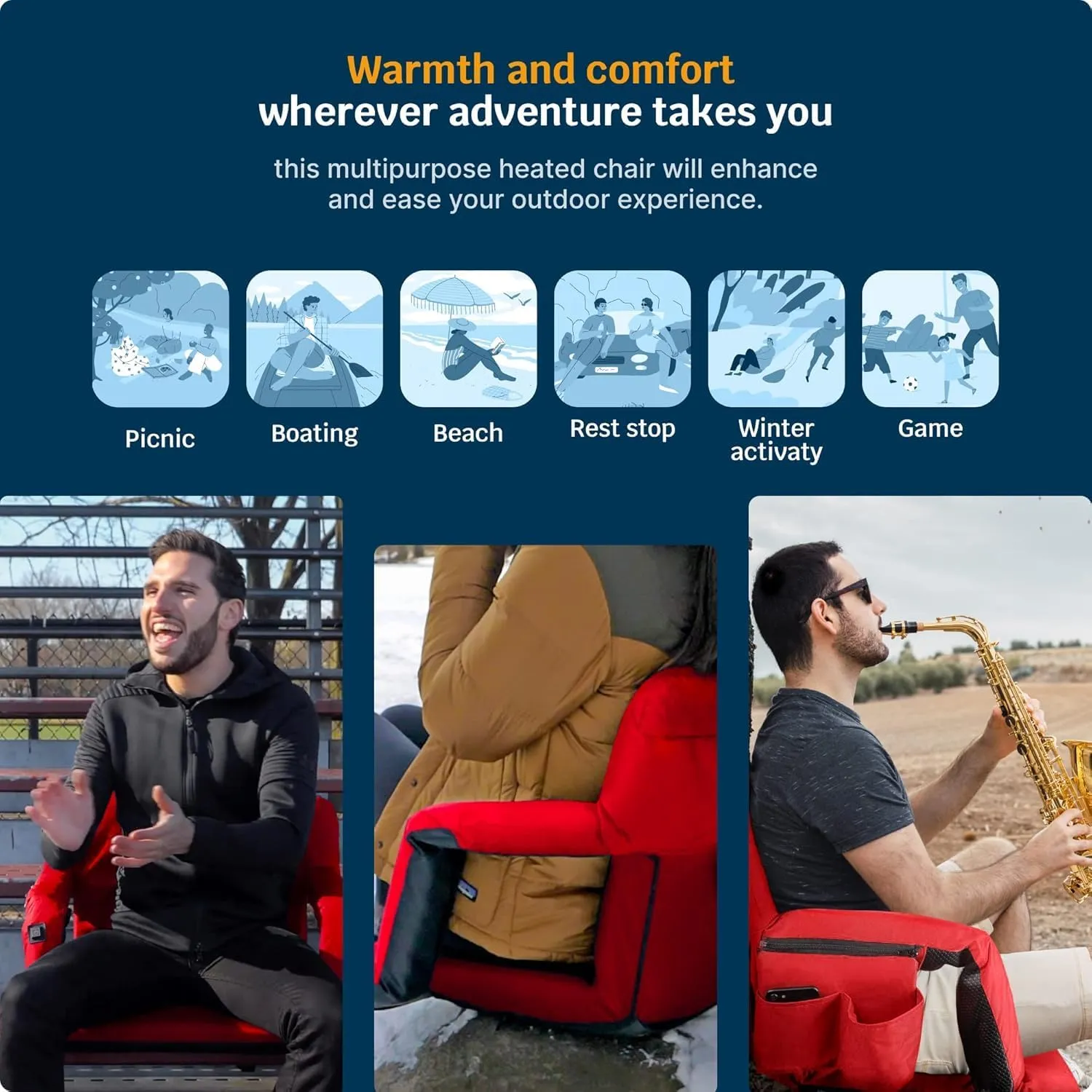 Alpcour Heated Reclining Stadium Seat for Bleachers – Wide Bleacher Chair with Back Support and Cushion, Armrests, Side Pockets, & Hook – Stadium Seats Chairs for Camping, Kayak, Paddle Board & More