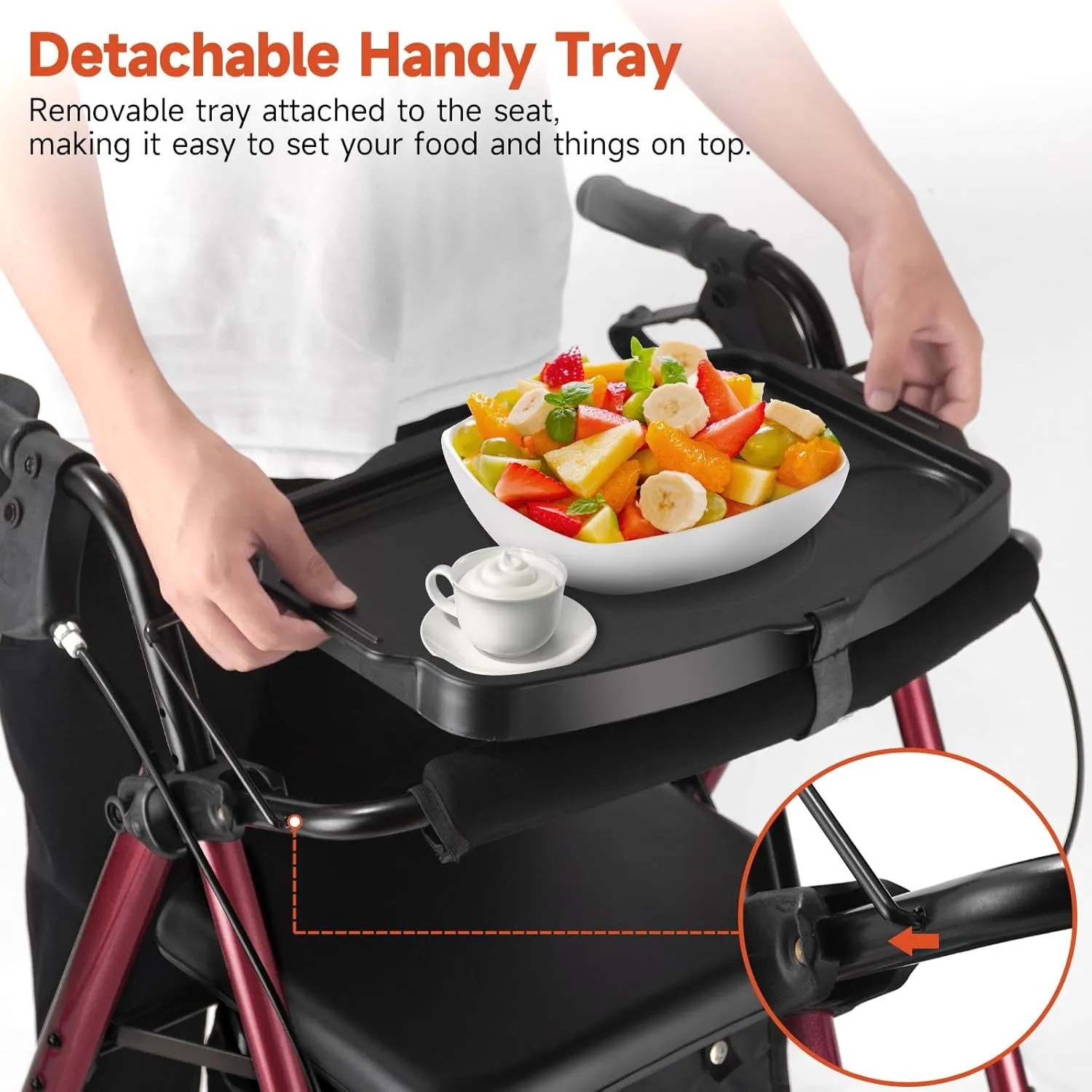 Amblisss Rollator Walker with Seat & Tray, 300 lbs Weight Capacity, 8" Wheels Dual Height Ajustable, Foldable Rolling Walker for Seniors with Basket, Handles Brake Rollator Walker for All-Terrain