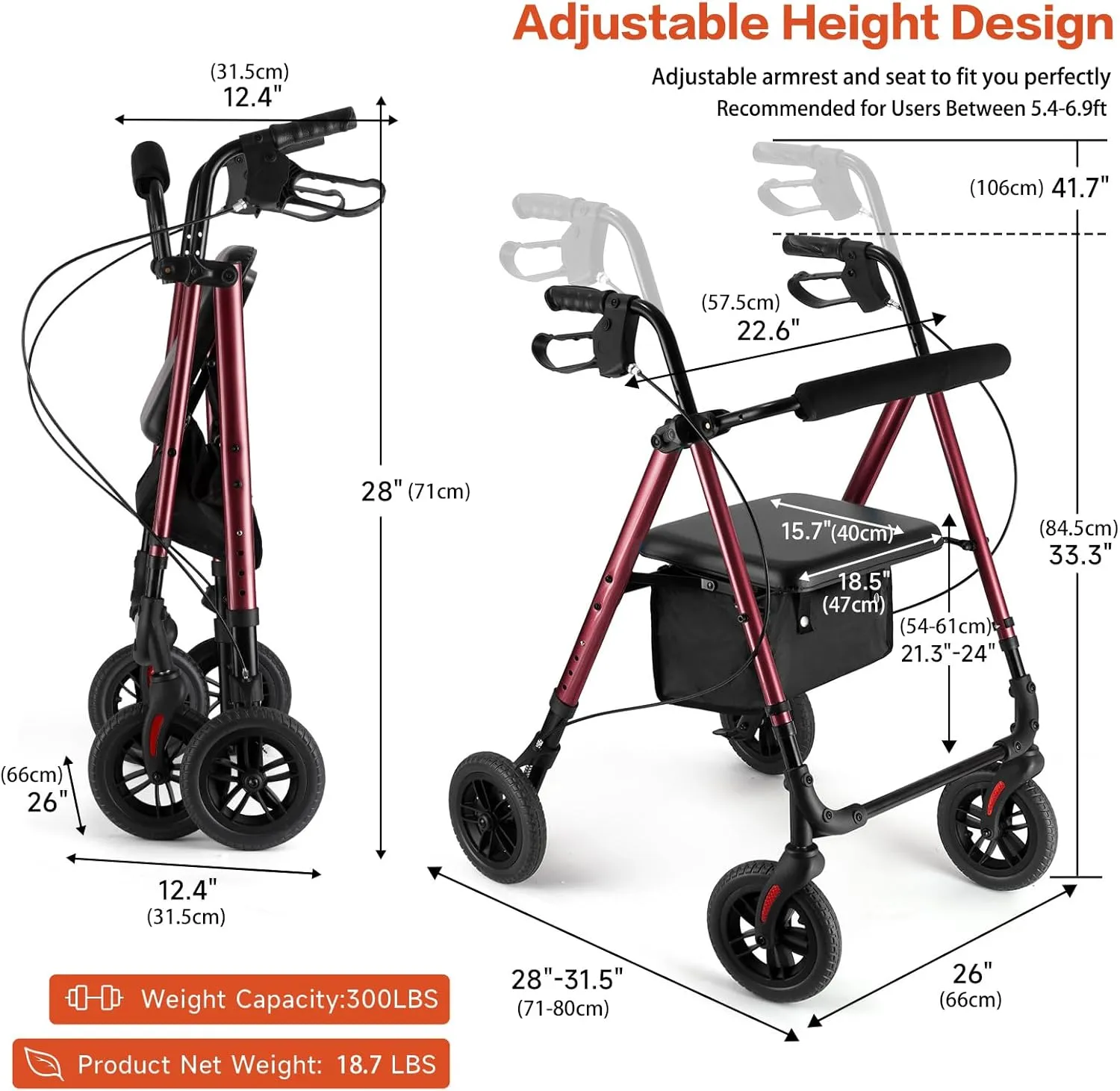 Amblisss Rollator Walker with Seat & Tray, 300 lbs Weight Capacity, 8" Wheels Dual Height Ajustable, Foldable Rolling Walker for Seniors with Basket, Handles Brake Rollator Walker for All-Terrain