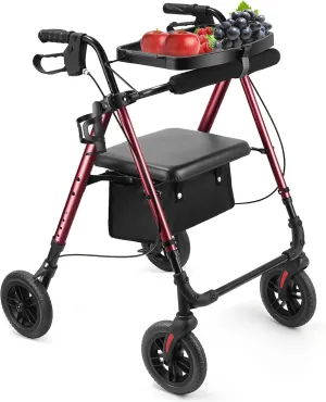 Amblisss Rollator Walker with Seat & Tray, 300 lbs Weight Capacity, 8" Wheels Dual Height Ajustable, Foldable Rolling Walker for Seniors with Basket, Handles Brake Rollator Walker for All-Terrain
