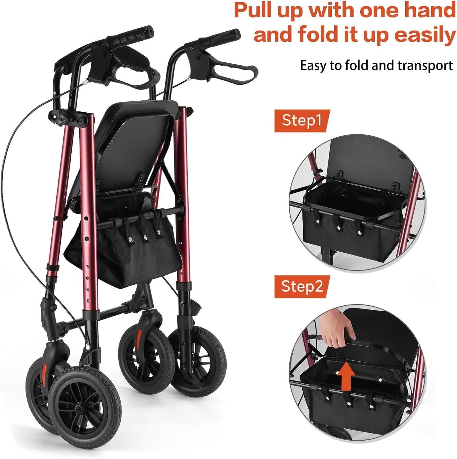 Amblisss Rollator Walker with Seat & Tray, 300 lbs Weight Capacity, 8" Wheels Dual Height Ajustable, Foldable Rolling Walker for Seniors with Basket, Handles Brake Rollator Walker for All-Terrain