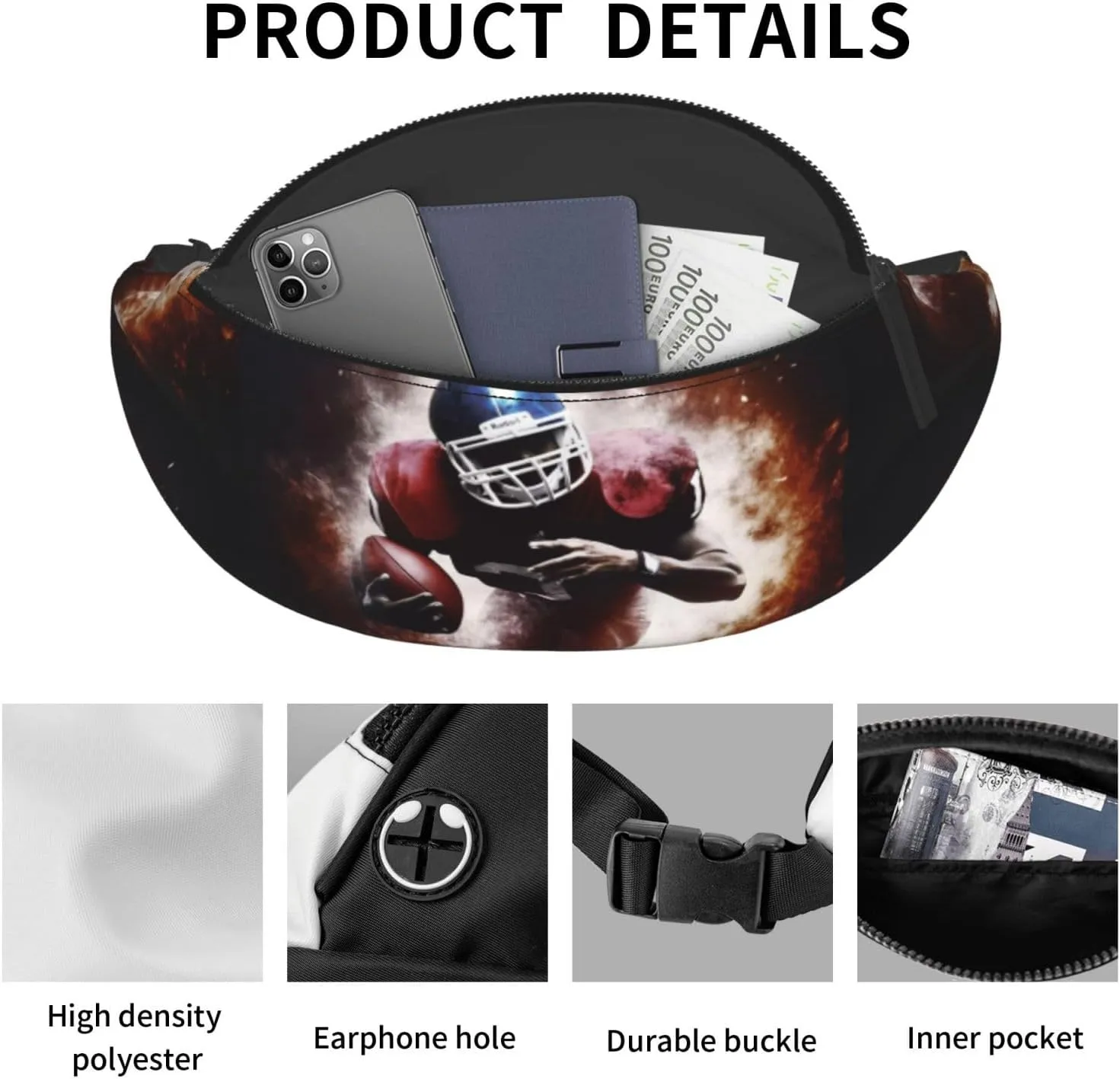 American Football Fanny Pack for Man Women Waist Bag Adjustable Belt Casual Chest Bag Bum Bags for Travel Sports Running Hiking Waist Packs