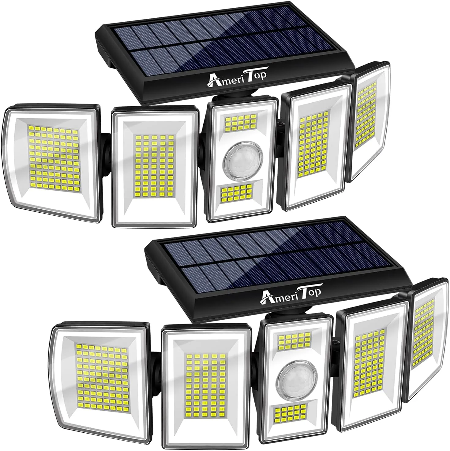 AmeriTop Solar Lights Outdoor 300 LED 7000K Motion Sensor Lights Cordless; 5 Adjustable Heads, 360° Wide Angle Illumination, IP65 Waterproof, Security LED Flood Light for Patio Yard Garden 2 Pack