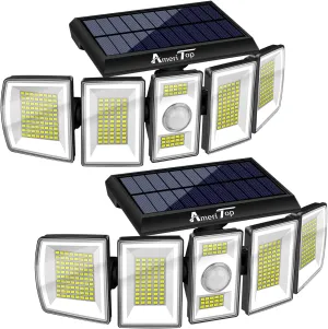 AmeriTop Solar Lights Outdoor 300 LED 7000K Motion Sensor Lights Cordless; 5 Adjustable Heads, 360° Wide Angle Illumination, IP65 Waterproof, Security LED Flood Light for Patio Yard Garden 2 Pack