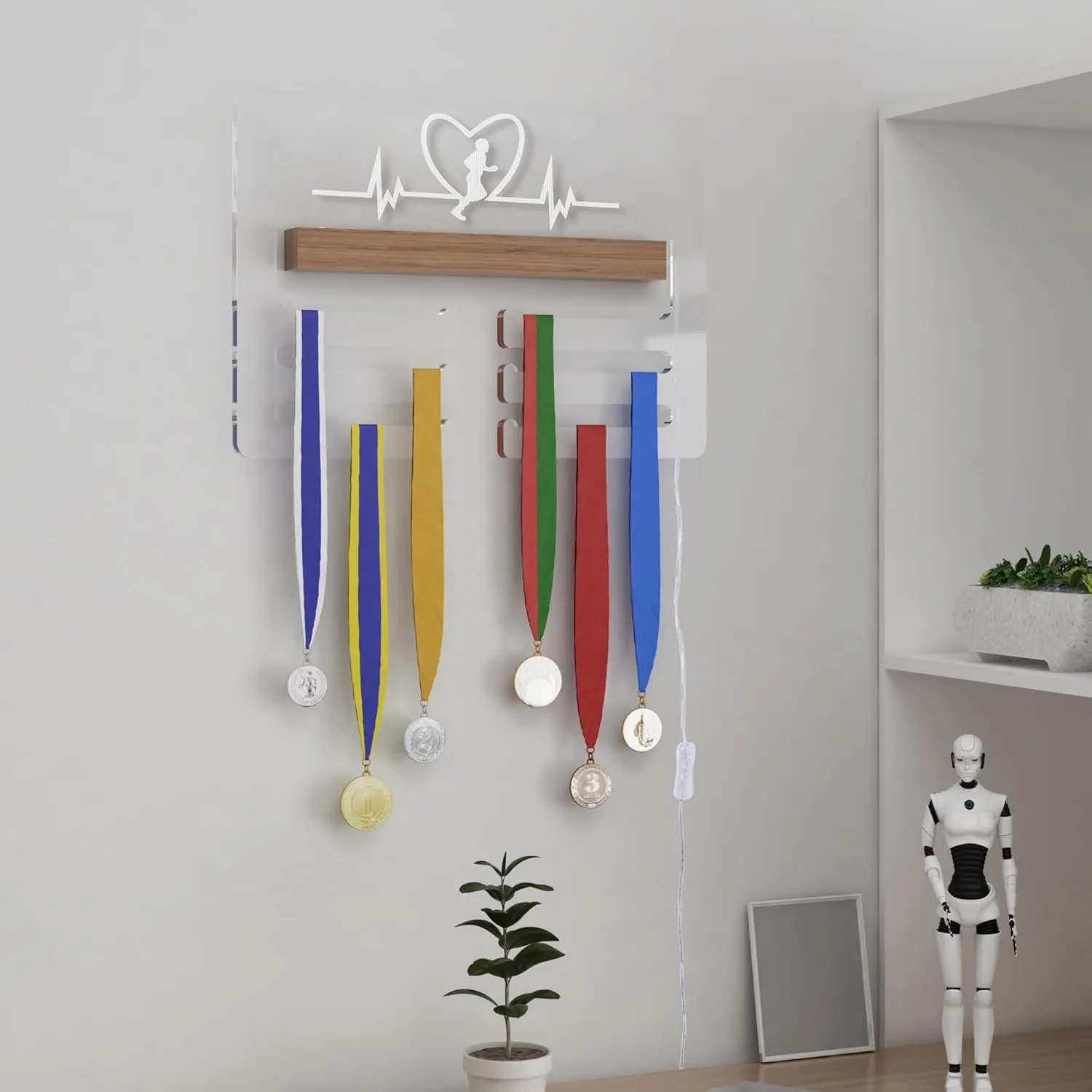 Ammonite Light up Medal Hanger Display, Holder Rack for Awards or Ribbons, Sports Themed Ribbon Holder for Wall, Tiered Award Rack