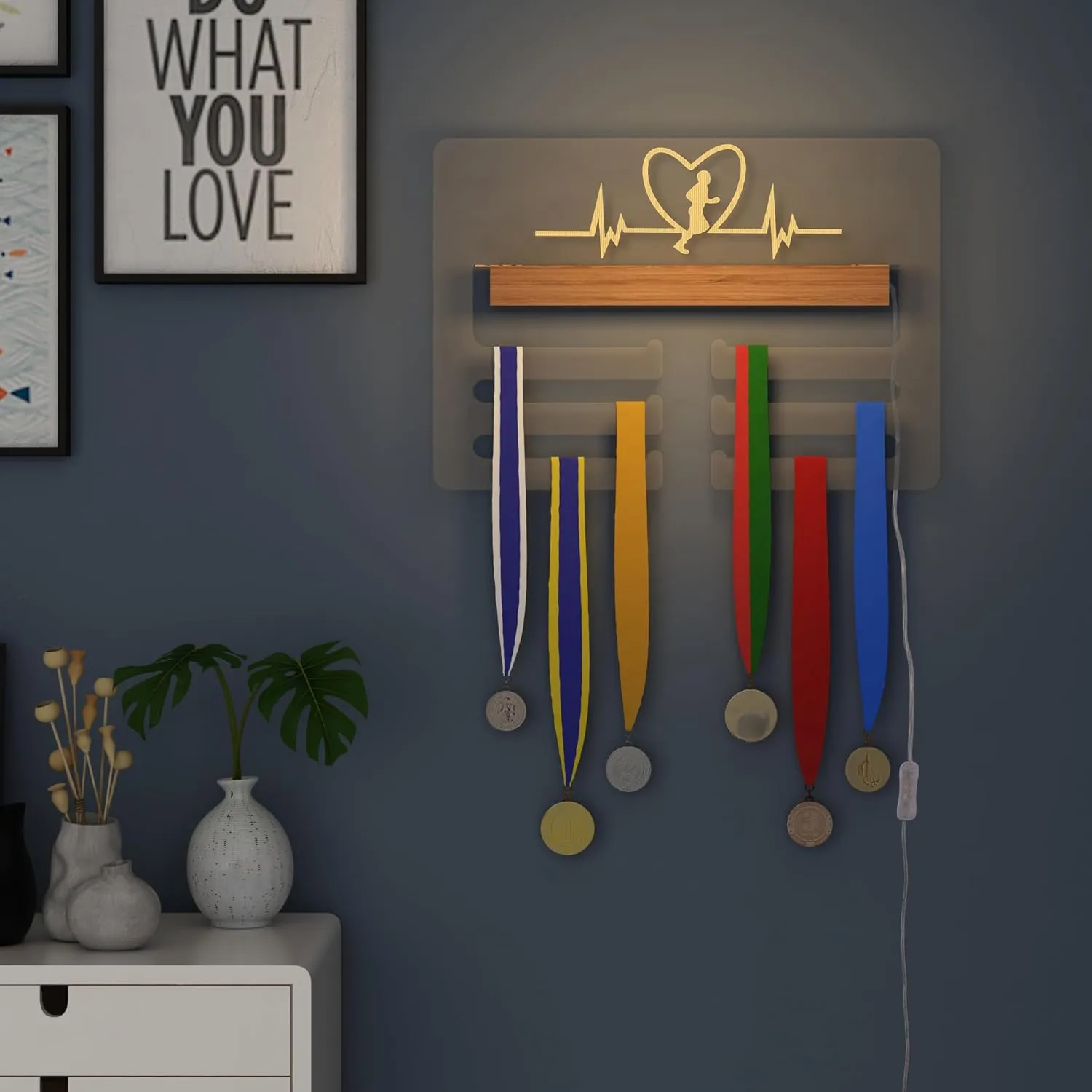 Ammonite Light up Medal Hanger Display, Holder Rack for Awards or Ribbons, Sports Themed Ribbon Holder for Wall, Tiered Award Rack