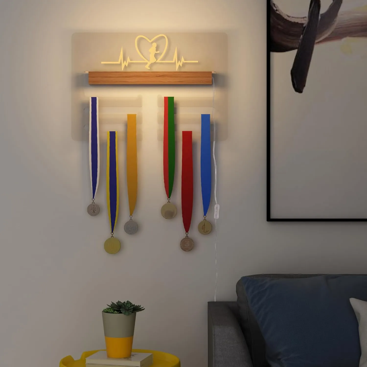 Ammonite Light up Medal Hanger Display, Holder Rack for Awards or Ribbons, Sports Themed Ribbon Holder for Wall, Tiered Award Rack