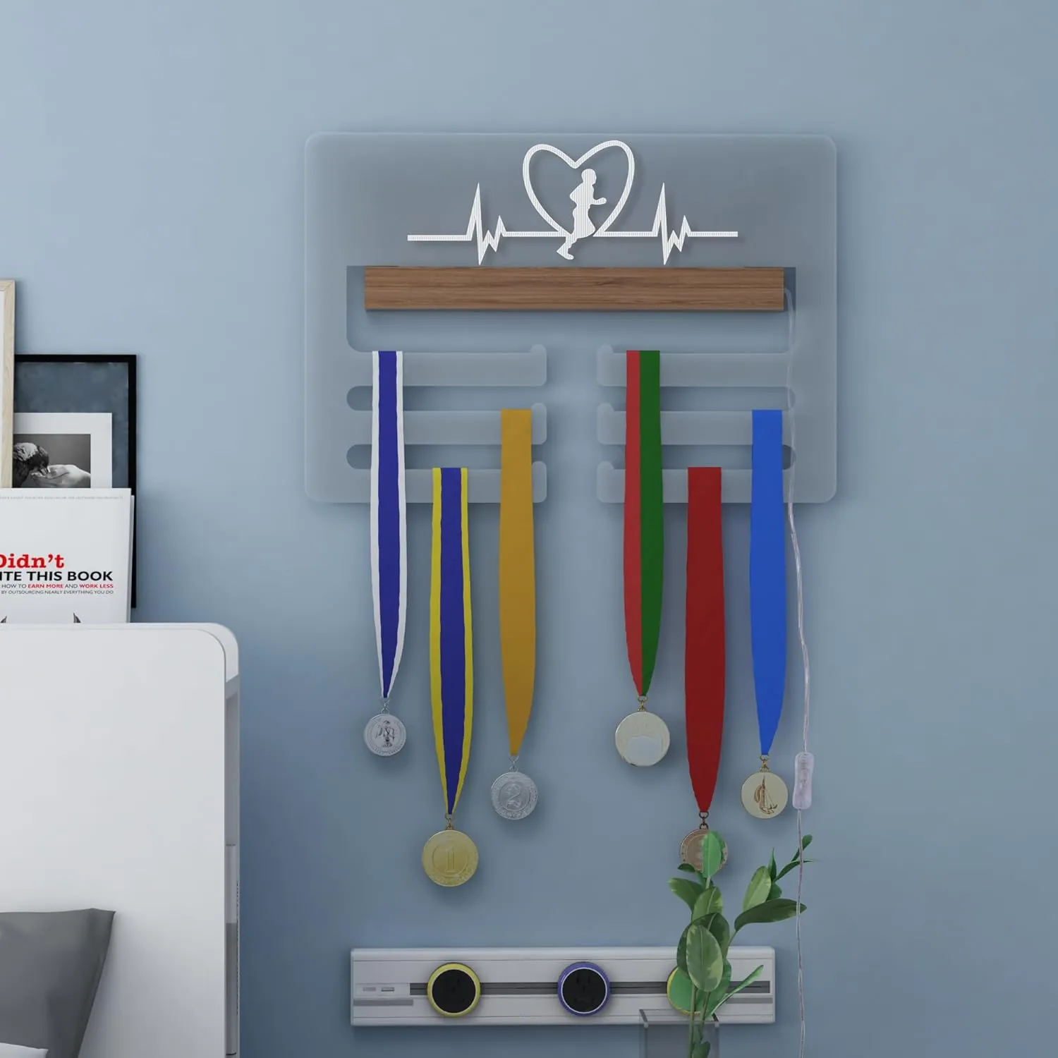 Ammonite Light up Medal Hanger Display, Holder Rack for Awards or Ribbons, Sports Themed Ribbon Holder for Wall, Tiered Award Rack
