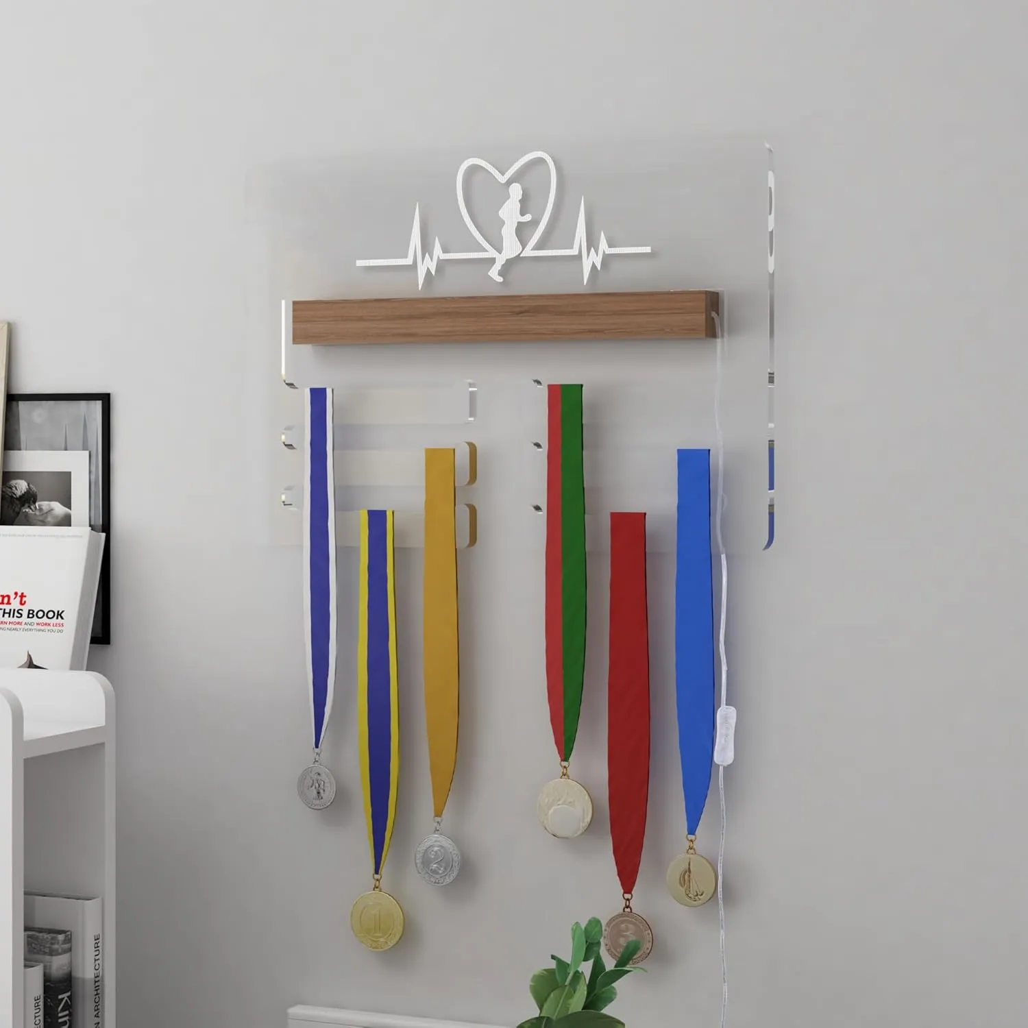 Ammonite Light up Medal Hanger Display, Holder Rack for Awards or Ribbons, Sports Themed Ribbon Holder for Wall, Tiered Award Rack